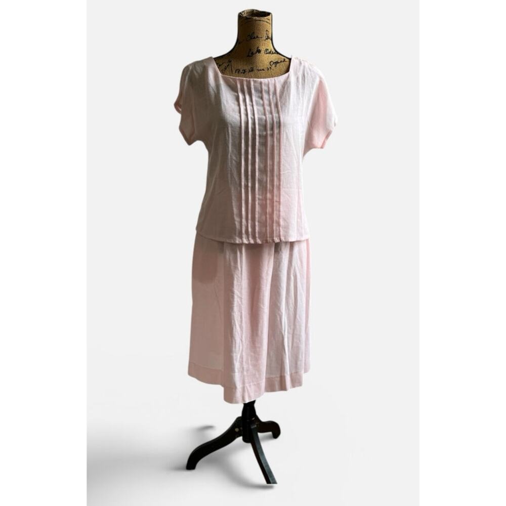 Vintage 80s Anna Kriste Sheer Pink Midi Skirt Blouse Set Women's S 28.5"